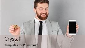  Presentation with mobile banking - PPT theme featuring internet banking presentation - portrait of a cheerful businessman background and a light gray colored foreground