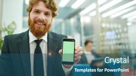  Presentation with banking app - Slide set with internet banking presentation - portrait of handsome bearded businessman background and a  colored foreground