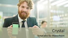  Presentation with banking app - Slide set enhanced with internet banking presentation - portrait of handsome bearded businessman background and a mint green colored foreground