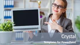  Presentation with accountant - Slide set featuring internet banking presentation - young businesswoman accountant working background and a  colored foreground