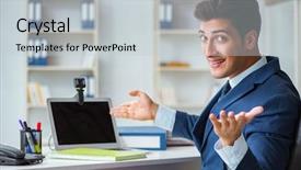  Presentation with help desk - Cool new PPT layouts with internet banking presentation - young help desk operator working backdrop and a light gray colored foreground