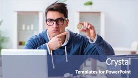  Presentation with bitcoins - Slide deck having internet banking presentation - young man mining bitcoins background and a  colored foreground