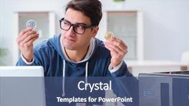  Presentation with bitcoins - Slide set enhanced with internet banking presentation - young man mining bitcoins background and a  colored foreground