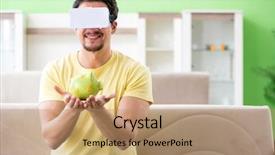  Presentation with virtual reality - PPT theme enhanced with internet banking presentation - young man with virtual reality background and a  colored foreground