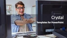  Presentation with monitoring - Audience pleasing PPT theme consisting of internet banking presentation - young trader monitoring markets backdrop and a dark gray colored foreground