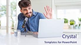  Presentation with podcast - PPT layouts having internet broadcast - young hipster man recording podcast background and a sky blue colored foreground