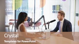  Presentation with podcast - Audience pleasing PPT theme consisting of internet broadcast - young woman interviewing a guest backdrop and a coral colored foreground