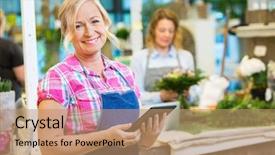  Presentation with mature female surgeon - Presentation design featuring internet business - portrait of smiling mature female background and a coral colored foreground