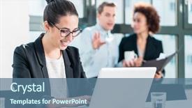  Presentation with front desk - Slide deck with internet business - young woman smiling while using background and a ocean colored foreground