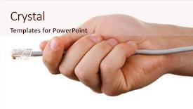  Presentation with cable - PPT theme having internet cable in hand isolated on white background and a lemonade colored foreground