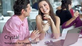  Presentation with internet cafe - Audience pleasing PPT theme consisting of internet cafe - loving couple in a restaurant backdrop and a coral colored foreground
