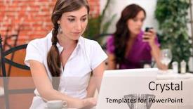  Presentation with internet cafe - Colorful PPT layouts enhanced with internet cafe - woman using a laptop computer backdrop and a lemonade colored foreground