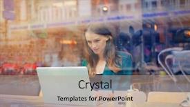  Presentation with internet cafe - Colorful presentation theme enhanced with internet cafe - woman using her laptop backdrop and a coral colored foreground