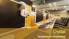  Presentation with internet cafe - PPT theme consisting of internet cafe interior background and a tawny brown colored foreground