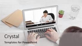  Presentation with video conferencing - Presentation theme enhanced with internet communication - man video conferencing with lawyer background and a light gray colored foreground