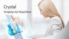  Presentation with internet - Cool new PPT layouts with internet communication - smiling businesswoman communicating with helpline backdrop and a white colored foreground