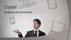  Presentation with evolution - Audience pleasing PPT layouts consisting of internet evolution - juggling with devices backdrop and a light gray colored foreground