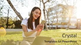  Presentation with grass - Presentation design enhanced with fun internet - photo of happy woman sitting background and a yellow colored foreground