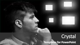  Presentation with man looking up happy - Theme consisting of internet key - young man looking to virtual background and a dark gray colored foreground