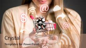  Presentation with shopping - Presentation theme featuring internet marketing - close up of female shopper background and a coral colored foreground