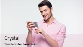  Presentation with smartphone - Presentation theme consisting of internet mobile - happy businessman using smartphone background and a lemonade colored foreground