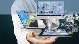  Presentation with mobile technology - Colorful presentation design enhanced with internet mobile - technology in the hands backdrop and a light blue colored foreground