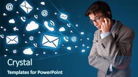  Presentation with phone - Slide deck enhanced with internet mobile - young man staning and making background and a ocean colored foreground