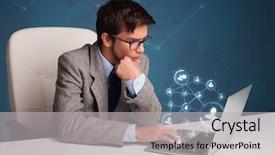  Presentation with desk - Presentation consisting of internet networks - attractive young man sitting background and a light gray colored foreground