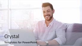  Presentation with young man holdng laptop on lap money - PPT theme consisting of internet problems solution - handsome man working with laptop background and a  colored foreground