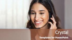  Presentation with customer service - Beautiful PPT theme featuring internet problems solution - smiling woman using laptop while backdrop and a tawny brown colored foreground