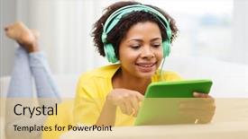  Presentation with computer music - Presentation theme having internet radio - people technology and leisure concept background and a yellow colored foreground