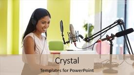  Presentation with podcast - Amazing slide set having internet radio - young mixed race woman recording backdrop and a coral colored foreground