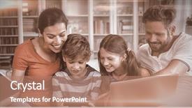  Presentation with family cartoons - Amazing PPT theme having internet relationship - happy family using technologies while backdrop and a coral colored foreground