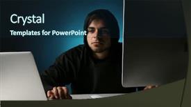  Presentation with computer hacker - Cool new PPT layouts with internet scam - hacker with computer and laptop backdrop and a navy blue colored foreground