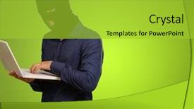  Presentation with laptop - PPT theme with internet scam - young male thief holding laptop background and a yellow colored foreground