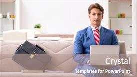  Presentation with home - Beautiful presentation featuring internet search leadership - young businessman working at home backdrop and a coral colored foreground