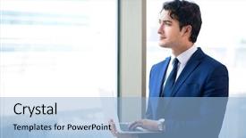  Presentation with businessman standing on mountain top - Audience pleasing PPT layouts consisting of internet search leadership - young handsome businessman standing backdrop and a light blue colored foreground