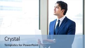  Presentation with businessman standing on mountain top - Beautiful slides featuring internet search leadership - young handsome businessman standing backdrop and a light blue colored foreground