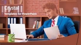  Presentation with employee anniversary work office - Cool new presentation theme with internet search leadership - young handsome employee sitting backdrop and a  colored foreground