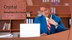  Presentation with employee anniversary work office - Slides with internet search leadership - young handsome employee sitting background and a  colored foreground