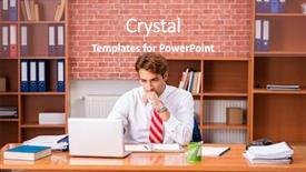  Presentation with employee anniversary work office - Audience pleasing PPT theme consisting of internet search leadership - young handsome employee sitting backdrop and a  colored foreground