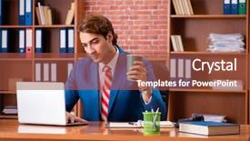  Presentation with employee - Beautiful PPT theme featuring internet search leadership - young handsome employee sitting backdrop and a  colored foreground