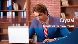  Presentation with employee anniversary work office - Cool new PPT theme with internet search leadership - young handsome employee sitting backdrop and a  colored foreground