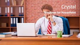  Presentation with employee - PPT theme having internet search leadership - young handsome employee sitting background and a  colored foreground