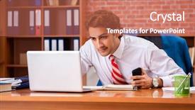  Presentation with employee anniversary work office - PPT theme having internet search leadership - young handsome employee sitting background and a  colored foreground