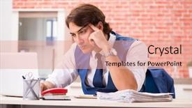  Presentation with employee working in industry - Slide deck consisting of internet search leadership - young handsome employee working background and a  colored foreground