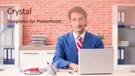  Presentation with employee working in industry - Beautiful slides featuring internet search leadership - young handsome employee working backdrop and a  colored foreground