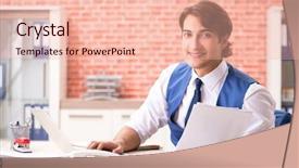  Presentation with employee working in industry - Cool new slides with internet search leadership - young handsome employee working backdrop and a  colored foreground