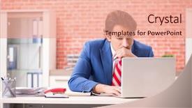  Presentation with employee - PPT theme featuring internet search leadership - young handsome employee working background and a  colored foreground