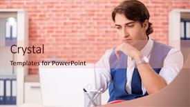  Presentation with employee working in industry - Theme enhanced with internet search leadership - young handsome employee working background and a  colored foreground